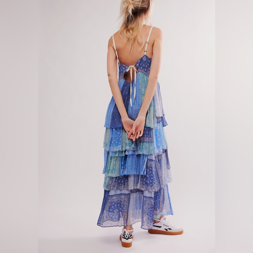 Free People Indigo Wishes Ruffled Layered Boho Bandana Maxi Dress - Picture 3 of 4